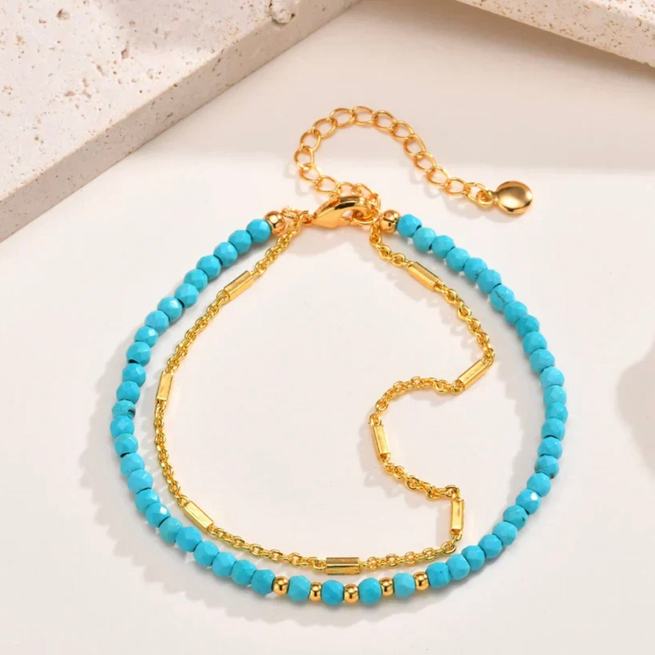 Timeless Gold Double Chain Turquoise Bracelet